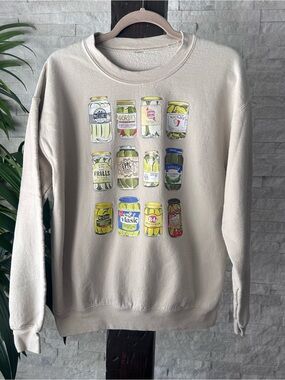 Pickle Jar Crewneck Sweatshirt with Labeled Pickle Jars Graphic Cream Tan Size M